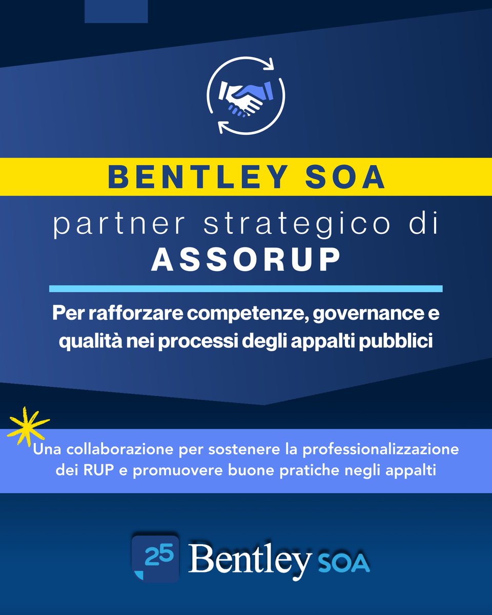 📣 Collaborazione tra #BentleySOA e <a href="/ASSORUP2022/">Asso Rup</a> per sostenere la professionalizzazione dei RUP e promuovere buone pratiche negli appalti pubblici.

💡 Investire nelle competenze e nella qualità della governance significa rafforzare trasparenza, efficacia della spesa e fiducia.