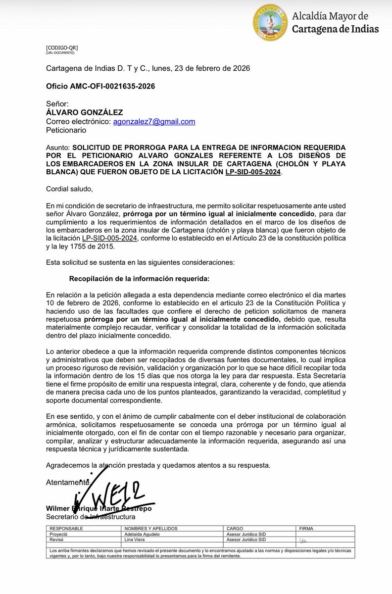 Cartageneros: esto es una muestra mas de la mediocridad y la manera cómo esta administración de <a href="/dumek_turbay/">Dumek Turbay Paz</a> opera (<a href="/AlcaldiaCTG/">Alcaldía de Cartagena</a>). El 10Feb2026 presenté una petición a la <a href="/secinfractg/">Secretaría de Infraestructura de Cartagena</a> para que me dieran todo el expediente de los diseños de los embarcaderos (Playa Blanca y