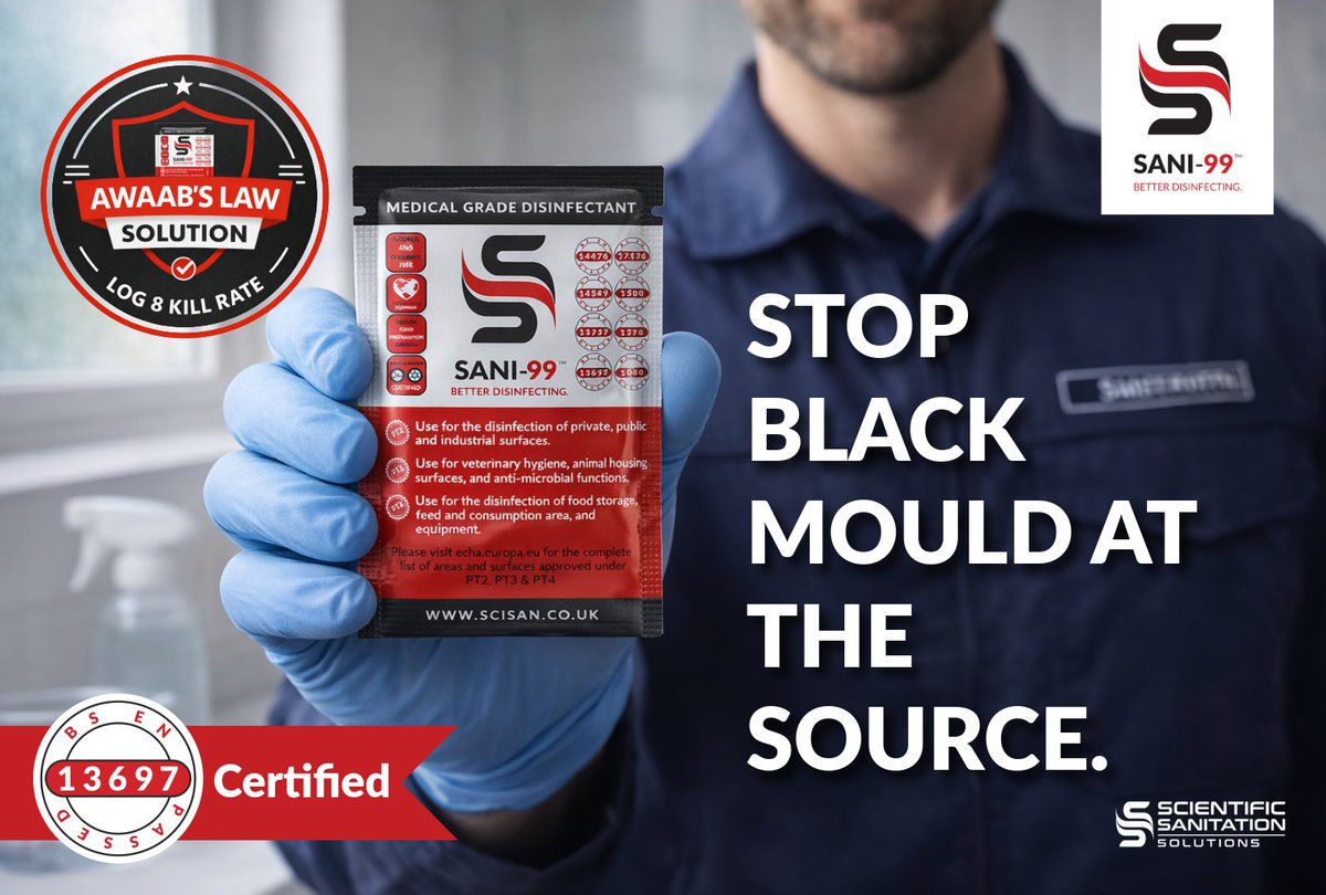 Scisan_UK's tweet photo. Black mould isn’t just cosmetic — it’s a real health and property challenge.

The focus is shifting to proper remediation, prevention, and safer indoor environments.

✔️ Effective treatment
✔️ Long-term prevention
✔️ #AwaabsLaw aligned
#BlackMould #IndoorAirQuality https://t.co/B3YRwi9YHG