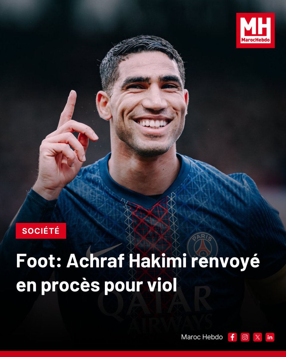 marochebdo's tweet image. "Aujourd'hui, une accusation de viol suffit à justifier un procès alors même que je la conteste et que tout démontre qu'elle est fausse", a réagi Achraf Hakimi sur X.

➡ maroc-hebdo.com/article/foot-a…

#AchrafHakimi #AffaireJudiciaire #Viol #Déclaration #RéseauxSociaux