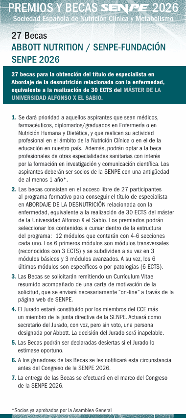 SENPE_'s tweet photo. 📌27 Becas ABBOTT NUTRITION / SENPE-FUNDACIÓN SENPE 2026.   

➡️Obtención del título de especialista en Abordaje de la desnutrición relacionada con la enfermedad, equivalente a la realización de 30 ECTS del MÁSTER DE LA @uaxuniversidad 

#SENPE2026 

🔗https://t.co/oLBLwm8TxM https://t.co/0t7pXUzUt8