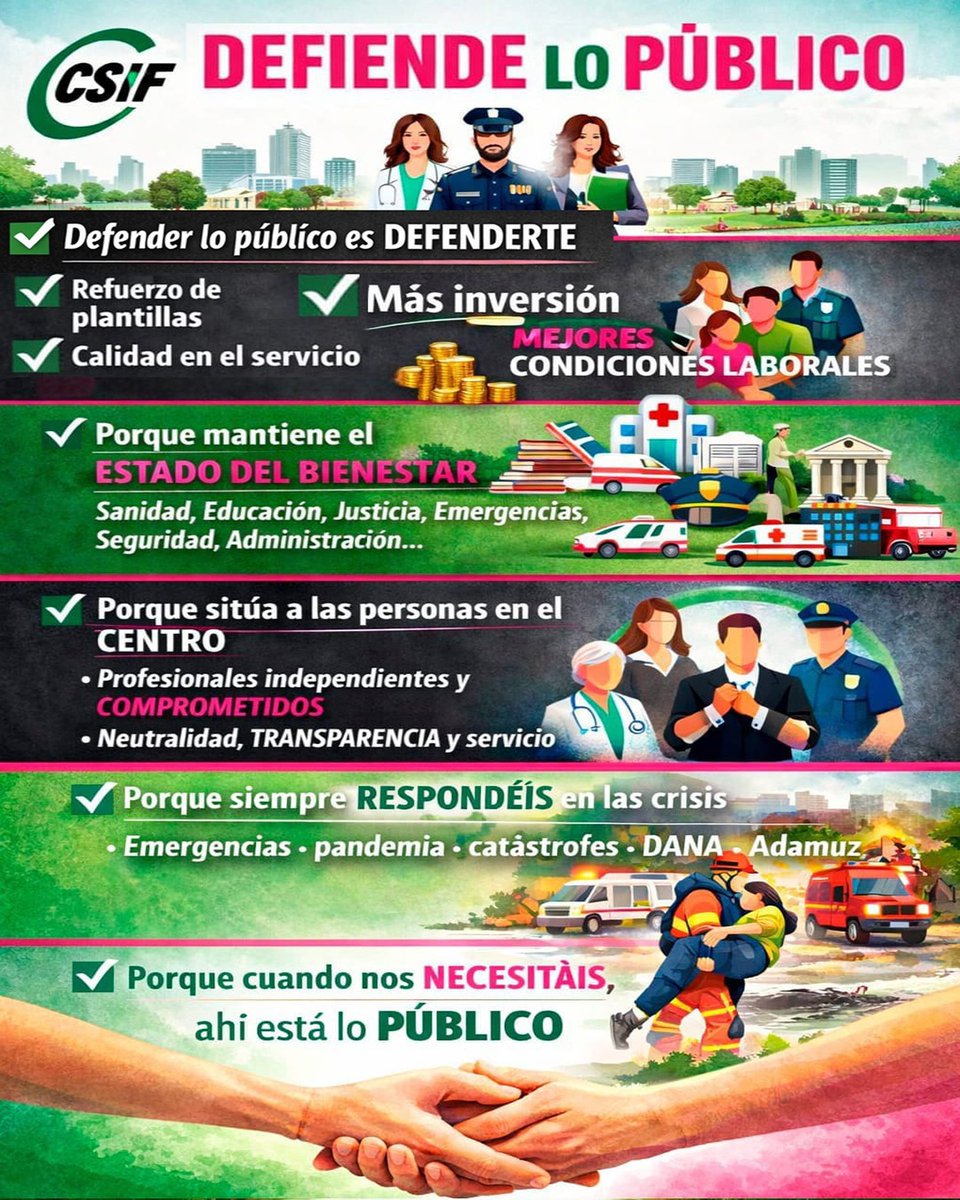 🟢 #CSIF, en defensa de lo público.

🗣️ Defender lo público es defenderte.

💪 Trabajamos por lograr:

➕ Inversión
👥  Refuerzo de plantillas
✅ Calidad en el servicio
✔️ Mejores condiciones laborales

🤝 Porque cuando nos necesitáis, ahí está lo público.