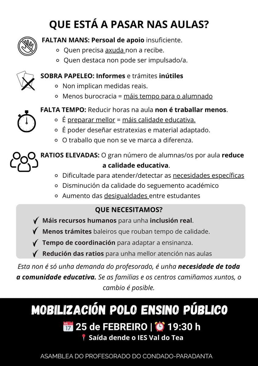 psoe_ponteareas's tweet photo. 📣 A comunidade educativa mobilízase!

Desde o PSdeG apoiamos as reivindicacións de profesorado, alumnado e familias. Defendemos unha escola pública forte, inclusiva e de calidade para todas e todos.

📅 Mércores 25  
🕣 19:30 h  
📍 Saída: IES Val do Tea

Participa!!✊🌹🌹🌹 https://t.co/RJxVSTQmGe