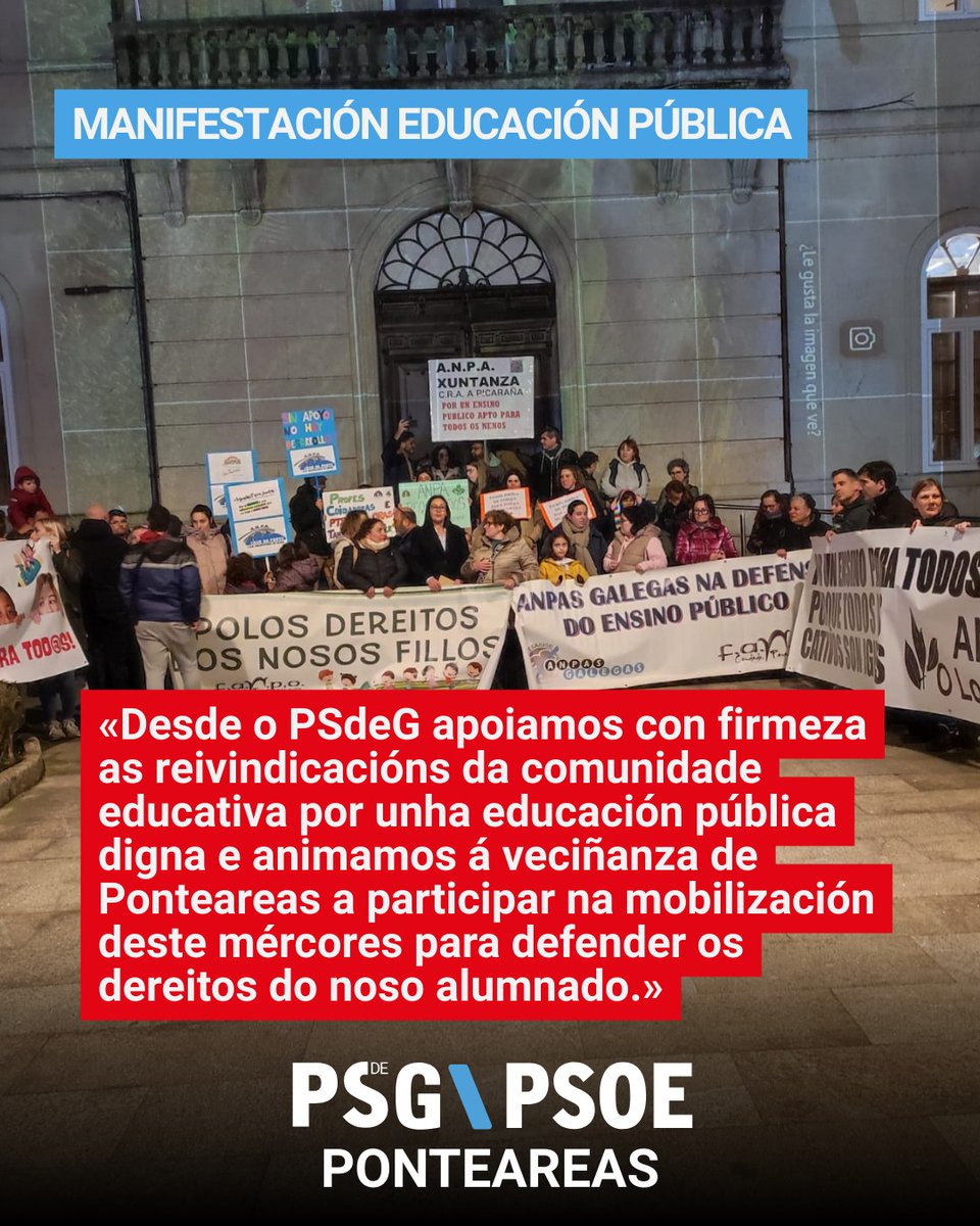 psoe_ponteareas's tweet photo. 📣 A comunidade educativa mobilízase!

Desde o PSdeG apoiamos as reivindicacións de profesorado, alumnado e familias. Defendemos unha escola pública forte, inclusiva e de calidade para todas e todos.

📅 Mércores 25  
🕣 19:30 h  
📍 Saída: IES Val do Tea

Participa!!✊🌹🌹🌹 https://t.co/RJxVSTQmGe