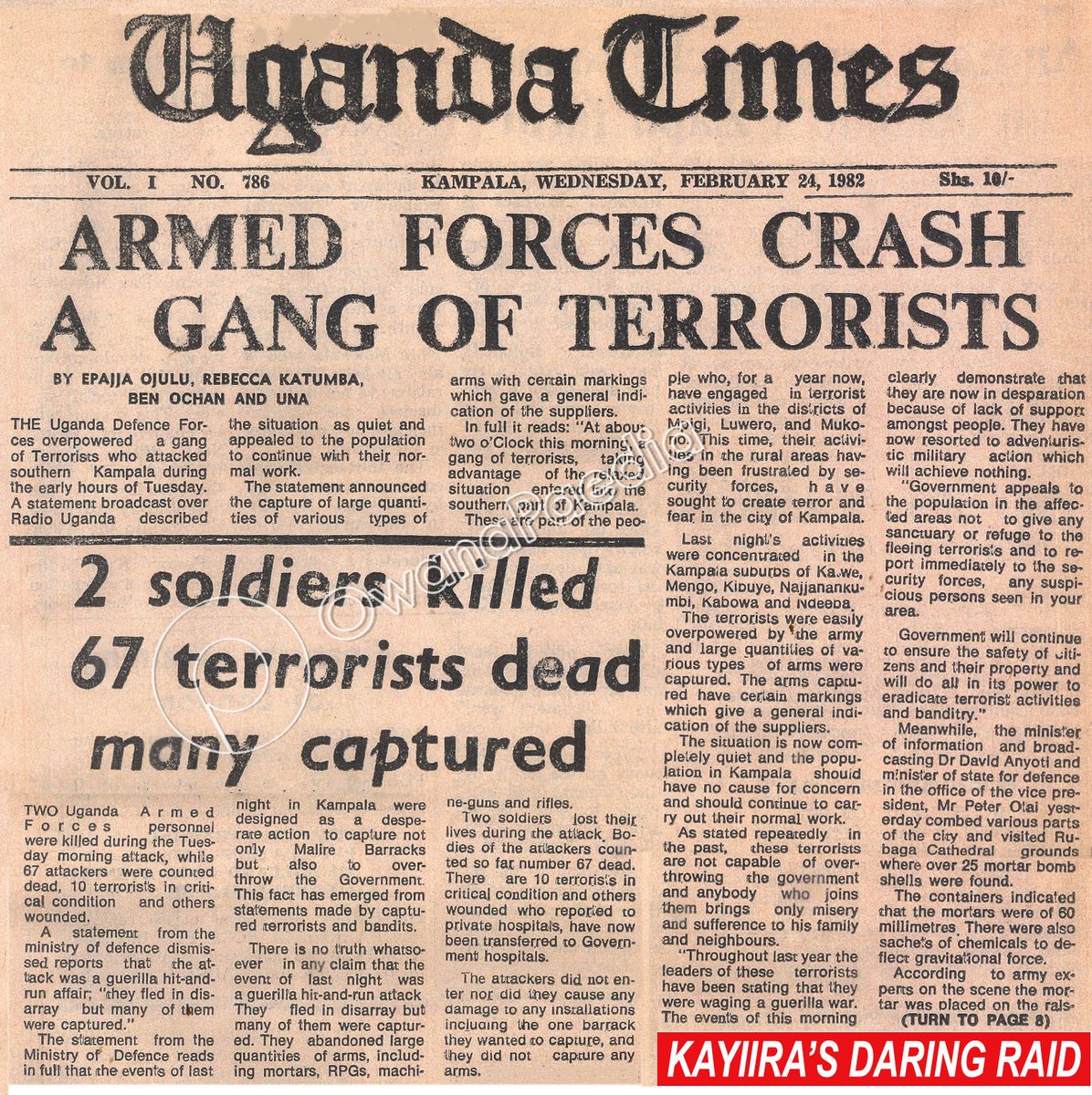 patrickoyulu's tweet photo. Tuesday Pause for Thought: A Hill, A Hymn, Lessons Learned

I was a young man in the 80s. Old enough to understand fear. Young enough to believe every headline carried the full truth.

We survived the TPDF/Uganda Army war that toppled Idi Amin. We survived Obote II. I was in the middle of town when Tito Okello’s forces stormed Kampala, watching the four-barrel 14.5mm anti-aircraft guns that the UNLA had very effectively converted into field artillery, aimed at all and sundry.

In 1986, we watched the NRA Mobile Brigades roll in, towing the same “14s” and recoilless guns. Some of us walked - literally walked in NRA-controlled territory - in the opposite direction as the tide of war shifted. You could argue we mastered the art of strategic retreat. In my case, I walked as a displaced person in two different wars the TPDF one in 1979 and the NRA one of 1986, carrying saucepans and hope in equal measure. If #Uganda had issued loyalty cards for surviving regimes, some of us would have earned platinum status.

So when I look back to the earlier days, when Rubaga Cathedral was stormed on February 24, 1982, the story that felt simple then is no longer just simple. Simple in the sense that UNLA soldiers entered during Ash Wednesday Mass. Guns pointed at the altar. Worshippers fleeing. Some taken away. Cardinal Nsubuga calling it desecration.

As a young Ugandan then, you chose your outrage, probably clueless too, and held it tightly. The church was sacred. Full stop.

But age does something dangerous - it adds footnotes.

Based on reported facts, we later learned that the day before, Andrew Kayiira’s UFM rebels had launched a dawn attack on Kampala. That the cathedral’s hill - that beautiful, strategic, physics-approved high ground - was allegedly used as a mortar position toward Lubiri barracks. That phones (not mobile phones) were left off the hook. That soldiers claimed they held their fire to avoid damaging the church.

And Newton, again, whispers from the corner: for every action, there is an equal and opposite reaction. Remember his Third Law?

This does not excuse what followed. The fear inside Rubaga cathedral was real. The trauma of families whose relatives were taken was real. Allegations that some never returned are painfully real. Empathy is not optional here.

But hindsight reminds us that guerrilla wars rarely fight in open fields. They embed. They blend. They operate from within civilian -and sometimes sacred - spaces. And when sacred ground becomes strategic ground, it risks losing its immunity, fairly or unfairly.

History, you see, resists one-sided narratives.

What I learned, as that young man grew older, is this: in war, moral clarity is often a luxury discovered decades later. At the time, everyone believes they are reacting, not initiating.

The real tragedy is that civilians and worshippers stood in the blast radius of decisions they did not make.

Looking back 44 years later, I no longer rush to simple conclusions. I hold space for the victims. I acknowledge the context. I respect how complicated Uganda’s 80s were.

Because those of us who lived it know: while we talk of good memories from the past, there is a lot of suffering that went through that decade. It wasn’t glitter. Nor was it really Golden.

It simply endured. We Lived It.

We Shall Always Remember. 
#TodayInHistory #UgandaTimes