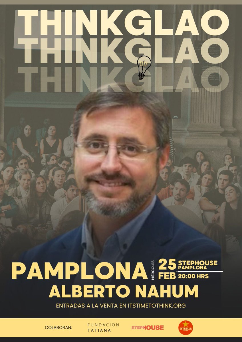 ¿Cerveza, pizza y 18 minutos de charla… sin saber el tema? 🍺🍕

Me sumo a los #Thinkglaos de la <a href="/fund_tatiana/">Fundación Tatiana</a>. Un pequeño salto al vacío para buscar ángulos nuevos, no para confirmar certezas.

Este miércoles a las 20:00 en Stephouse #Pamplona. 

+ info: itstimetothink.org/thinkglaos