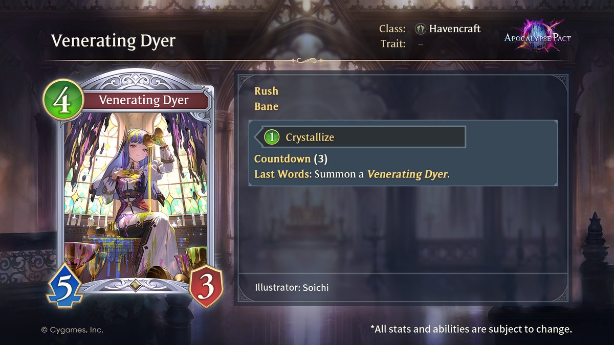 "Dear God, bring peace to our leader and our front."

✨ Apocalypse Pact Card Reveal:
Venerating Dyer (Voice: Julie Park)

#ShadowverseWB