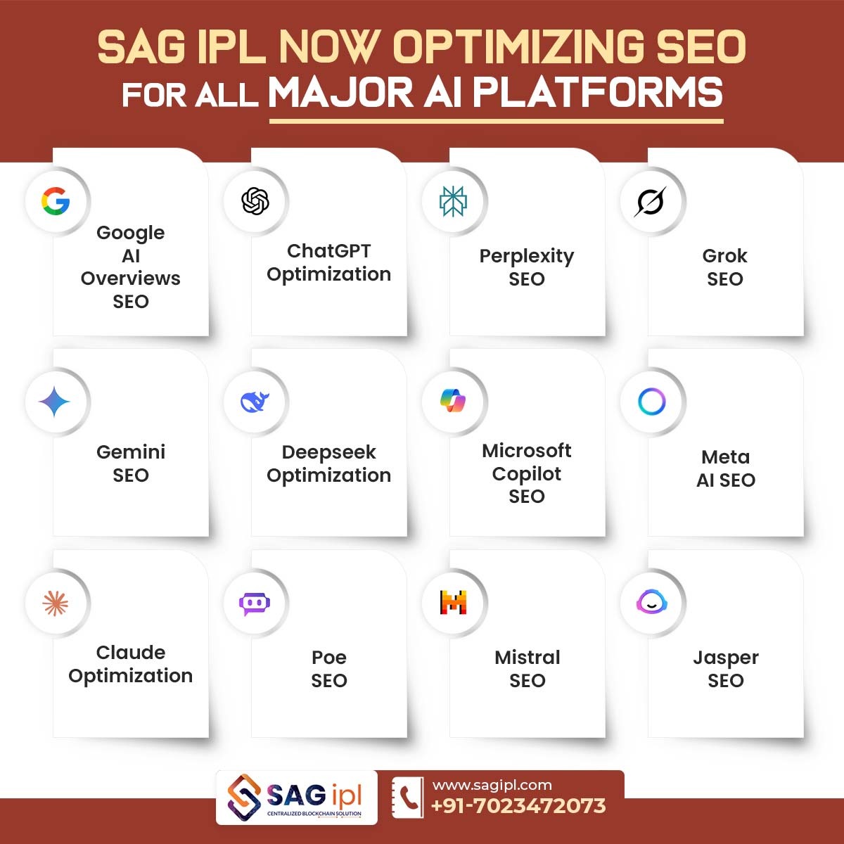 sag_ipl's tweet photo. Future-proof your brand visibility with #SAGIPL’s expert SEO optimization for all major AI platforms—contact us today to dominate the future of search! 

𝐂𝐚𝐥𝐥: +917023472073
Website: https://t.co/HJFqGwJr4i

#AISEO #DigitalMarketing #SearchAI #Trends #GEO #DigitalAuthority https://t.co/txMFO91MGi