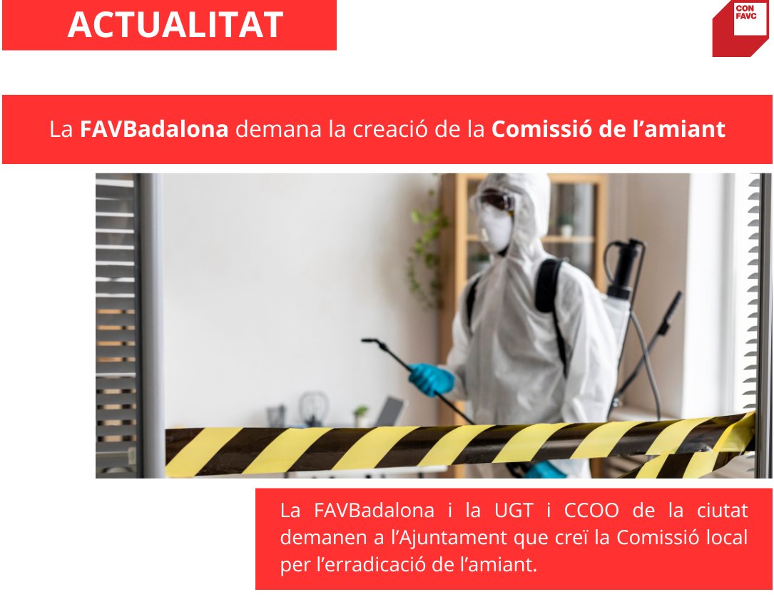 CONFAVC's tweet photo. 📌 La @FAVBBadalona amb la @UGT_Comunica i @CCOO de la ciutat demanen a l' @AjBadalona la creació de la #Comissiólocal x l'#Erradicació de l' #amiant

📌El comunicat:

https://t.co/kWmVNY4AnY https://t.co/tcC8w76pUw