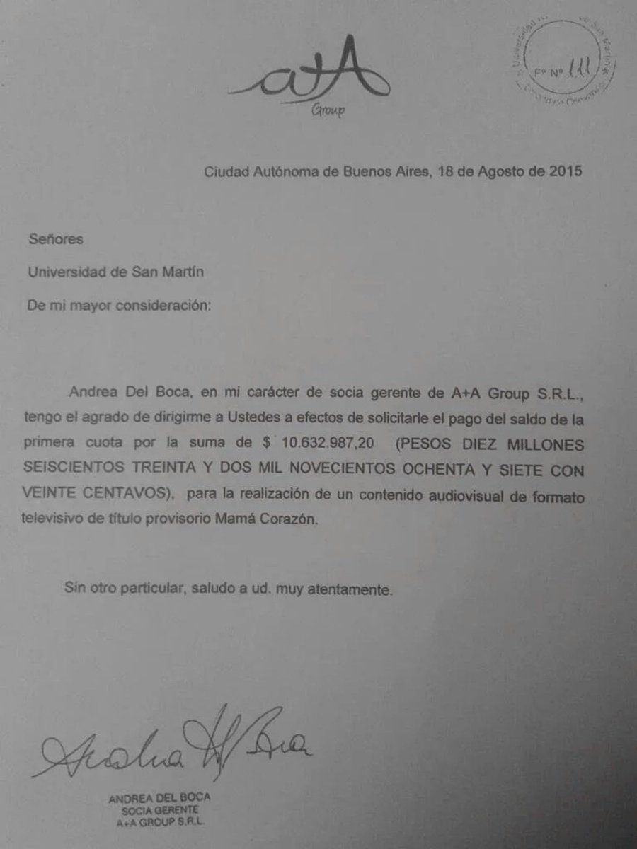 Andrea del Boca en 2015 se quedó con 10 millones por una novela que nunca hizo, tiene causas judiciales por incrementar su patrimonio ilícitamente durante el Gobierno Kirchnerista, negó que exista este documento. Que hace Telefé? La contrata para un programa. Señores, acá la