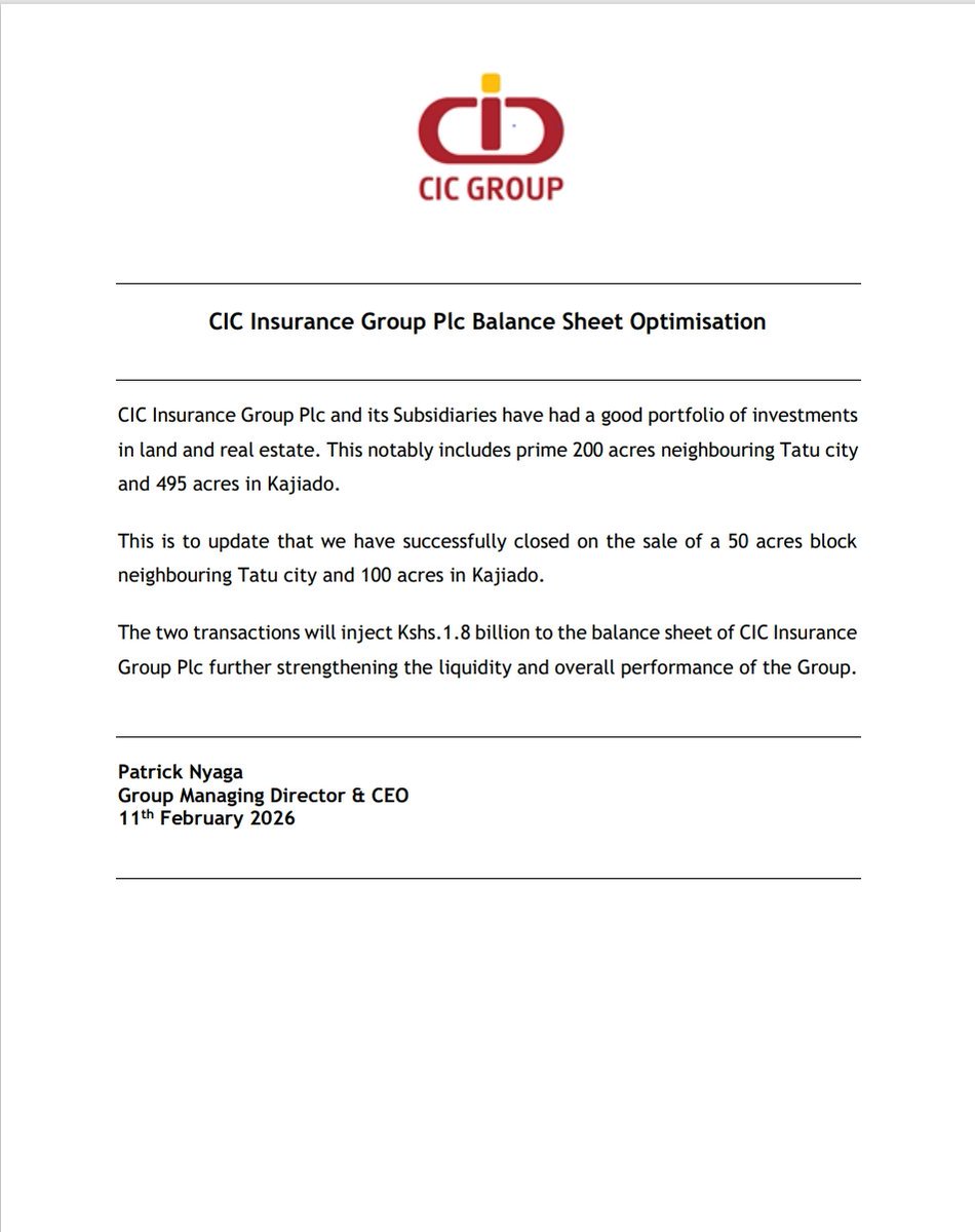 WaruhiuFranklin's tweet photo. Dear CIC investors and the general public,

First, we need your support in calling out CIC Group's management and the board for violating CMA regulations and misleading CIC investors. @CICGroupPLC

Under CMA regulations, companies must issue a profit warning within 24 hours once management becomes aware of a projected 25%+ drop in net earnings. CIC Group FY2025 ends on 31st December, 2025. CIC Group's management was aware of the projected 25%+ drop for FY2025 earnings before December 2025 but did not disclose it to investors (shareholders) until 23rd February 2026. This is a violation of CMA regulations. We must hold the management acocountable. @CMAKenya
@NSE_PLC @frank_mwiti you have a duty to protect shareholders. 

Under CMA Regulations 2023, companies must promptly disclose material information that could affect share prices, including the sale of significant assets and major earnings changes. Material information explicitly includes the purchase or sale of a significant asset such as land sale. A long delay could mislead investors and attract sanctions.

@CICGroupPLC disclosed the sale of 50 acres neighbouring Tatu City and 100 acres in Kajiado on 11th February, 2026. CIC Group disclosed the sale of the Kiambu land close to 2 years later. As CIC shareholders we are demanding to know the exact day, month and year when the two transactions were completed. 

CIC Group recognised a fair value of approximately KES 1 Billion arsing from the revaluation of Kiambu land property. This gain materially elevated the group's reported profit for FY2024 and does not recur in FY2025. Why did @CICGroupPLC not disclose the land sale in 2025? Given that the CIC management was aware of a projected 25%+ drop in net earnings for FY2025 before December 2025, why did CIC Group not issue a profit warning in November or December 2025? Why did CIC Group issue a profit warning on 23rd February, 2026 just one month before the release of FY2025 results in late March? Why did CIC management violate CMA regulations? 

We are demanding answers from the @CICGroupPLC's management and board! I will dedicate the next 1 year to fight for CIC investors. CIC Group's management and the board must know that this will not end here. As investors we are going to file a legal suit against CIC Group. CIC Investors have the right to be informed at the appropriate time. @CMAKenya @NSE_PLC @frank_mwiti 

@NSE_Investors @mytradesignals @wiseshilling @EACinvestor @watesh @andrewnjiraini @alykhansatchu @kahome_steve @WillisOwiti @coldtusker @S_Mukoma @JuliusOnStocks @LevelQue @GEORGEMORGAN_01 @JohnHiuhu @StocksMarket_ke @ChiboliS @davidwagikuyu @mwesigwa18 @mcubedto @bosikomoja @ResidentSiaya 
@VickWealthHQ @Vickyjr @BoardLotSultan @kippyt__ @cleuveschahasi @FarmingCareer @PesaWall @tradingroomke @HerbertKinyua1 @StellarSwakei @mtucreativity @Jayriq @AmbokoJH
