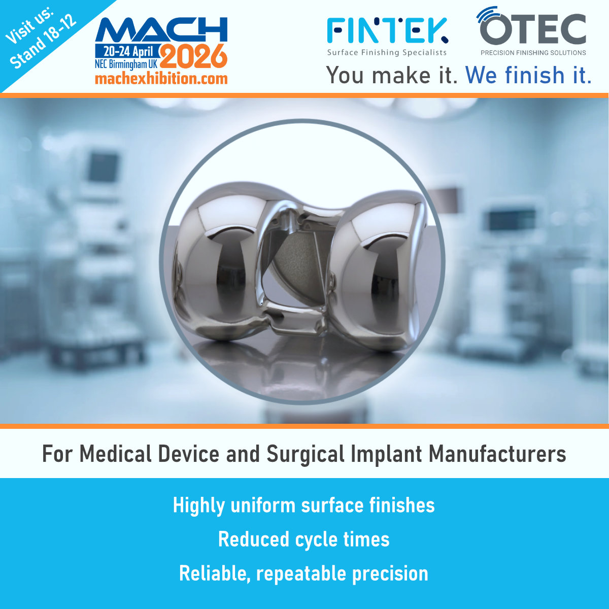 fintek1's tweet image. Coupled knee prosthetics bring challenges: complex geometries with hard-to-access areas, where surface quality has to be perfect. That’s where two-step #surfacefinishing shines. Developing orthopaedic components? Want to improve wear performance? Visit Fintek #MACH2026 Stand18-12