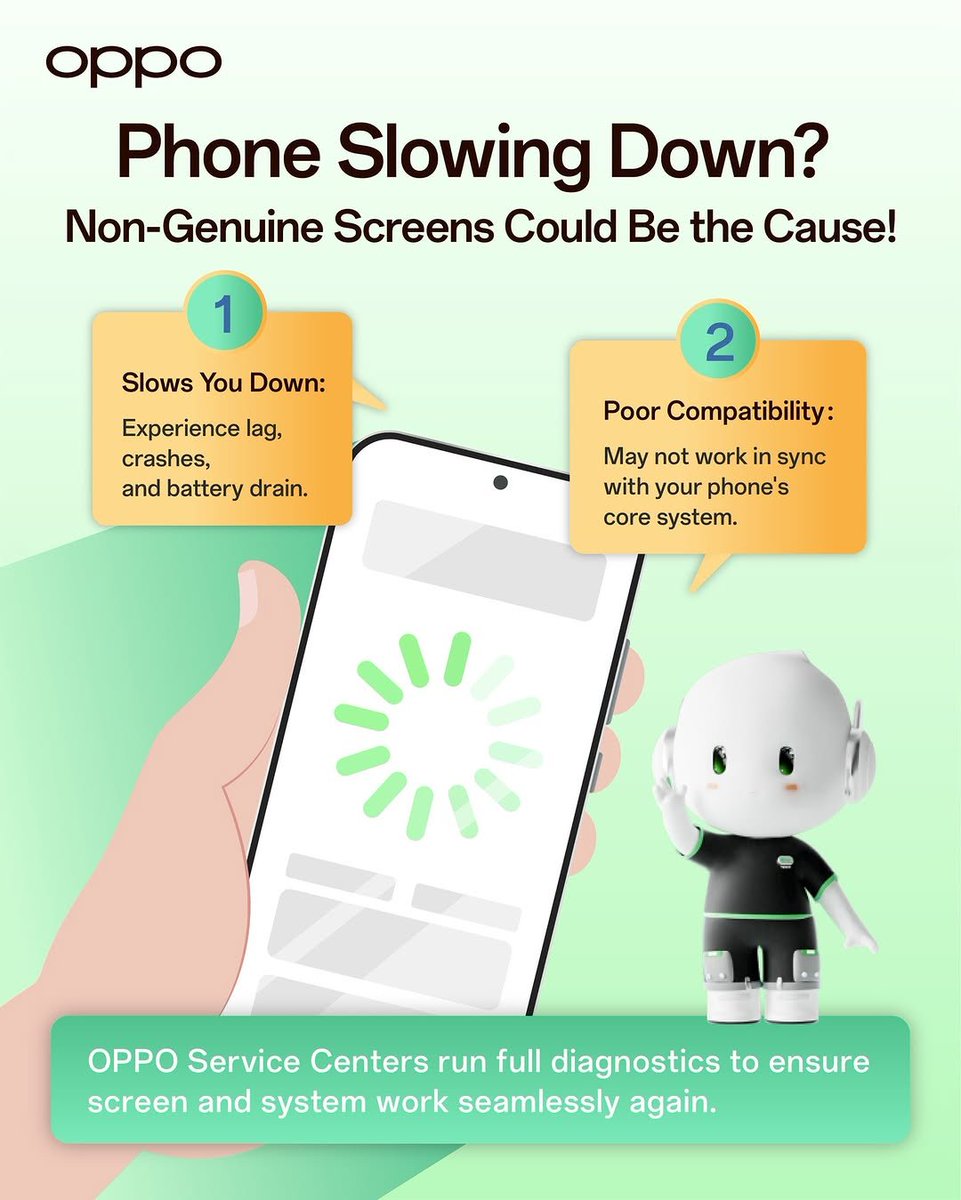 OPPOCareIN's tweet image. Phone slowing down after repair? Non-genuine screens can cause lag, crashes &amp;amp; battery drain. Choose original parts at OPPO Service Centers for smooth performance.

#OPPOCare #GenuineParts #OPPOService #SmartRepair