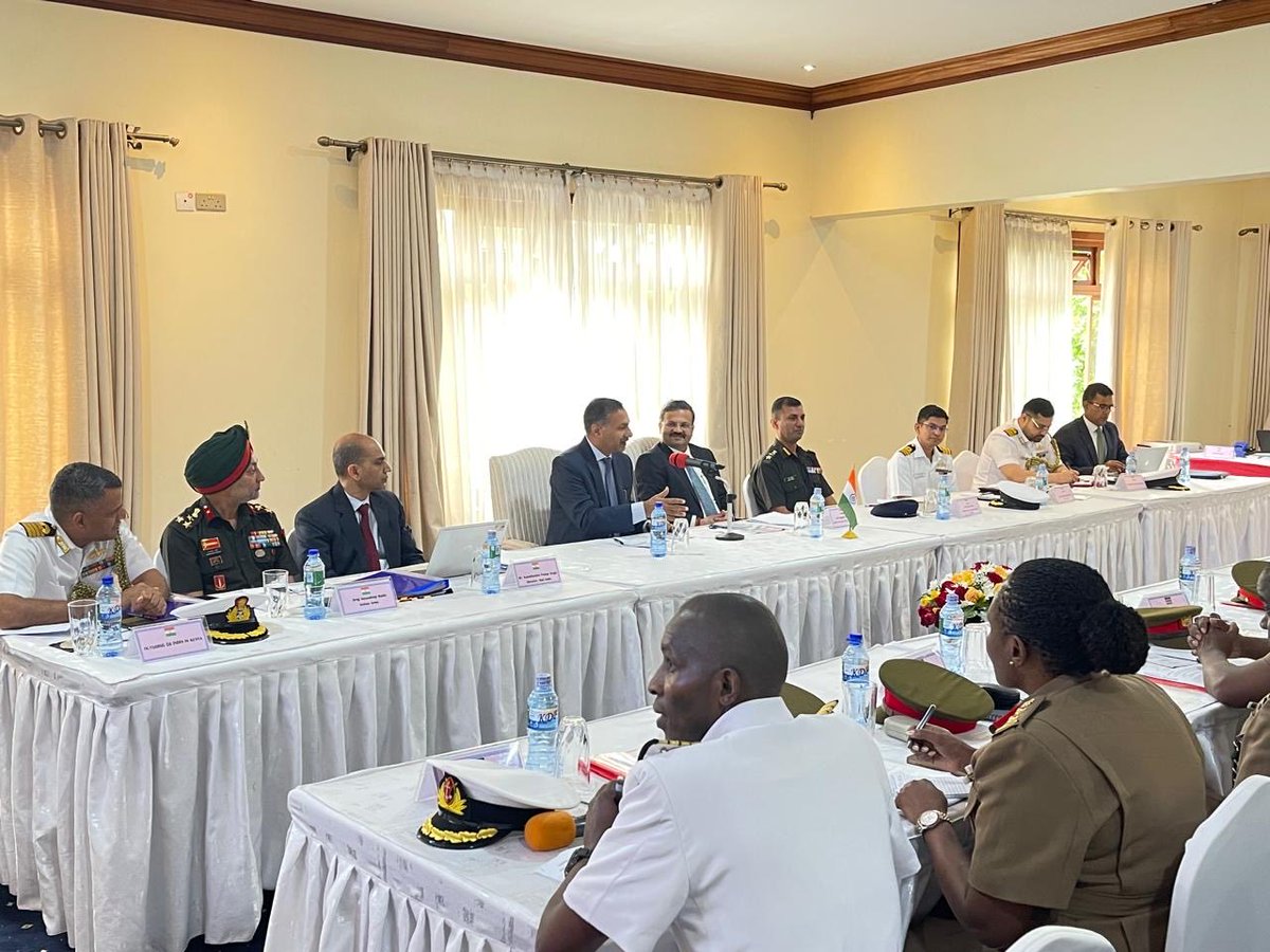 IndiainKenya's tweet photo. Forging stronger 🇮🇳 🇰🇪 defence cooperation

The 4th meeting of the India-Kenya Joint Defence Coordination Committee (JDCC) was held in Nairobi today.  Joint Secretary (International Cooperation), Ministry of Defence of India, Mr Amitabh Prasad co-chaired the meeting along-with his Kenyan counterpart Maj General  Fredrick Leuria, ACDF(OPD&T).

The two sides held wide-ranging talks on enhancing defence cooperation in various fields as outlined in the joint MoU on Defence Cooperation and the BAHARI maritime vision document. 

The delegations expressed appreciation for the recent developments in defence cooperation after the 3rd JDCC meeting, including the participation of VCDF, KDF in AEROINDIA 2025,  the commissioning of the CT Scan complex, joint unveiling of India-Africa Commemorative Pilllar, multiple IN & ICG ship port calls at Mombasa, the visit of Kenya Navy Commander to India in Sep 2025 and again for #IFR, #MILAN, #IONS 2026 and the successful conduct of 3rd edition of India-Kenya Defence Exhibition and Seminar.

@kdfinfo @MEAIndia @SpokespersonMoD @HQ_IDS_India @adgpi @indiannavy @SoipanTuya @kenyacdf