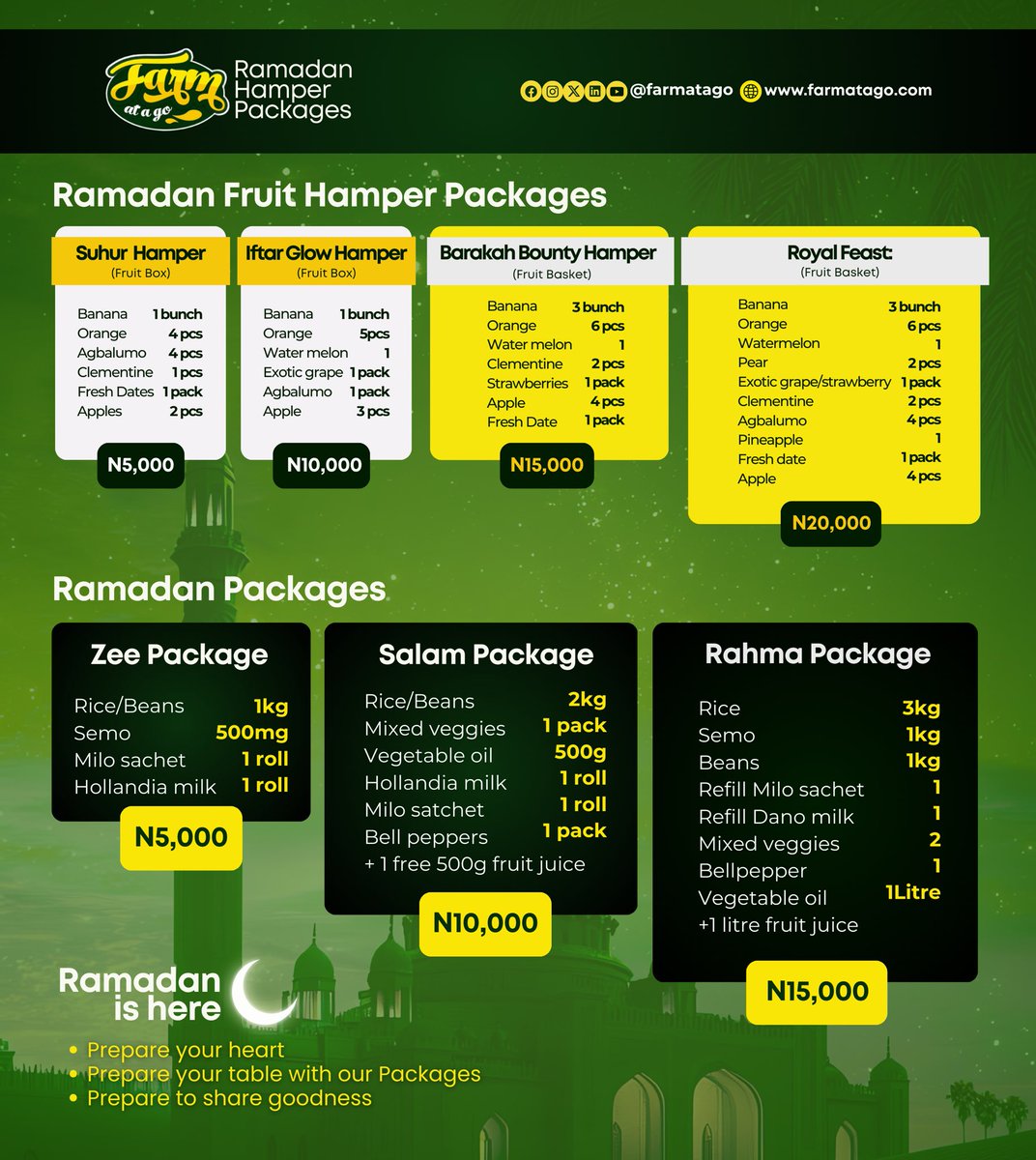 Make this week’s Suhur and Iftar effortless!
Our Ramadan Hampers &amp; Food Packages bring freshness, flavor, and convenience straight to your table.
Perfect for families, friends, or even gifting! 💛

📩 DM us or call 📞 07038803864 to order today.

#RamadanReady #RamadanHampers
