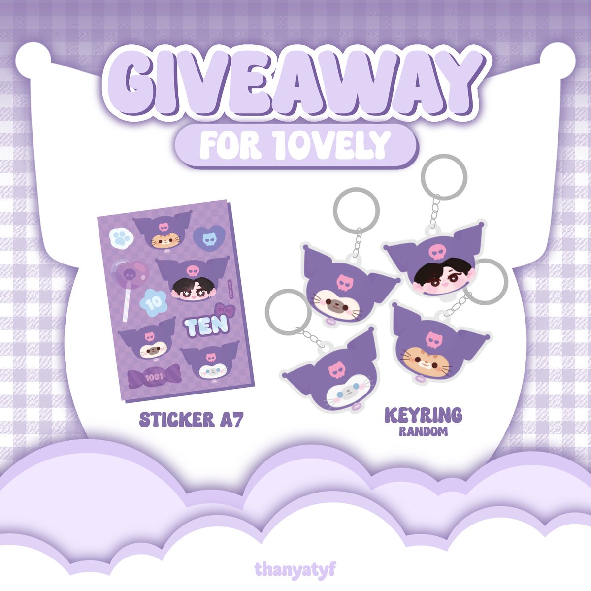 GIVEAWAY ♡
⎯ for #10vely

LEE FAM x KUROMI
💜 Sticker A7
💜 Acrylic keyring (random 1/4)

30 sets

〰️

📍 Siam sq 1 &amp; Lido
📆 27 feb 2026
🕚  tba

#TENNIE30BDAY
#TEN_BDAY2026