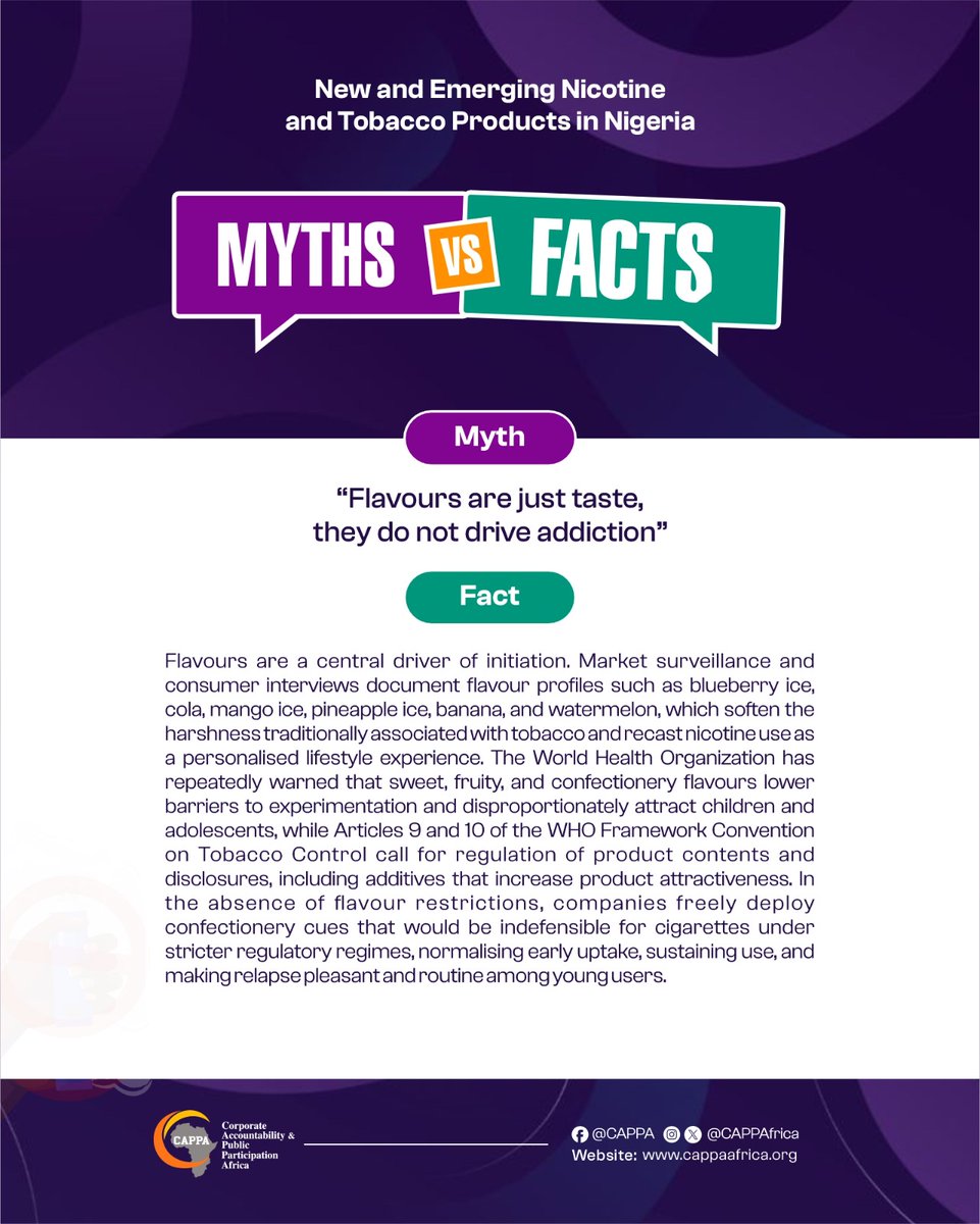 Flavours like blueberry ice, cola, and mango ice aren't just taste they're a gateway. They mask the harshness, attract kids, and make nicotine look like candy. The WHO warns against this. Nigeria should too! #NewSmokeTrap
<a href="/VitalStrat/">Vital Strategies</a> <a href="/CappaAfrica/">CAPPA Africa</a>
