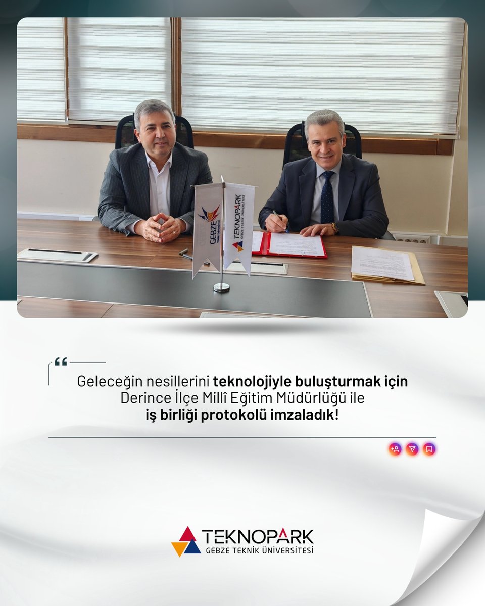 Eğitim ve teknolojiyi buluşturan güçlü bir adım atıyoruz! 🚀

GTÜ Teknopark &amp; Derince İlçe Millî Eğitim Müdürlüğü Arasında, eğitim kurumlarımız ile teknoloji üretim merkezlerimiz arasındaki bağı daha da güçlendirecek olan iş birliği protokolümüzü imzaladık. 🤝
