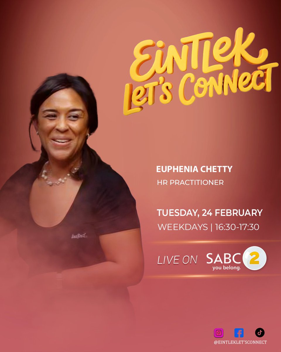 SABC_2's tweet image. #EintlekLetsConnect at 16:30 for an insightful conversation with professionals in human resource, finance, educational psychology and legal.

Guests: Euphenia Chetty, Dr Frank Magwegwe, Marijke Du Plessis, Mbali Kawawa

#SABC2 #LiveInEveryBeat