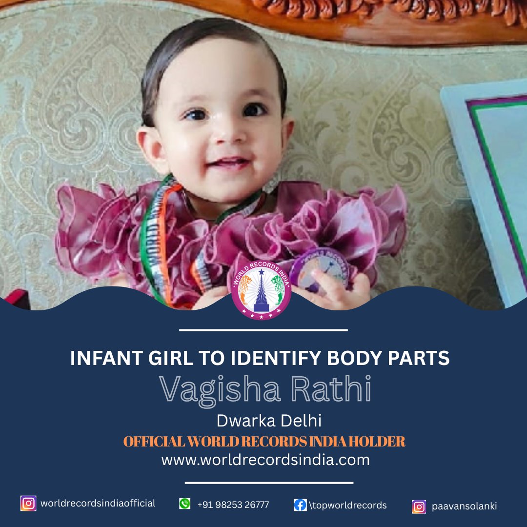 Incredible milestone at just 11 months 26 days 👶✨
Vagisha Rathi from Dwarka, Delhi identified 6 body parts — Head, Ears, Tummy, Hands, Legs &amp; Eyes — in just 34 seconds! 🧠⚡#VagishaRathi #WorldRecordsIndia #WorldRecord #ChildProdigy #YoungAchiever