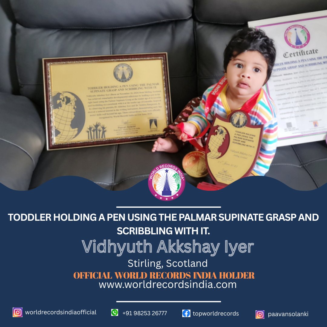 Vidhyuth Akkshay Iyer from Stirling, Scotland, showed exceptional early development   holding a pen with a Palmar Supinate Grasp at just 4.4 months and scribbling in a notebook at only 6 months #VidhyuthAkkshayIyer #WorldRecordsIndia #ChildProdigy #YoungAchiever