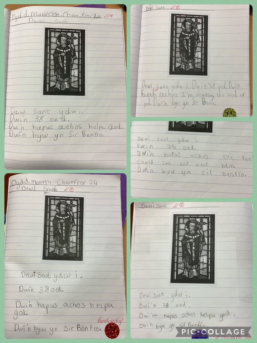 NantCelynY3's tweet photo. Welsh Week! 
For our Welsh lesson today, we listened to the Dewi Sang story in Welsh and then listened to information about him. We then wrote information in the first person about Dewi Sant. 
@nantcelynschool https://t.co/f8VYmgizYg