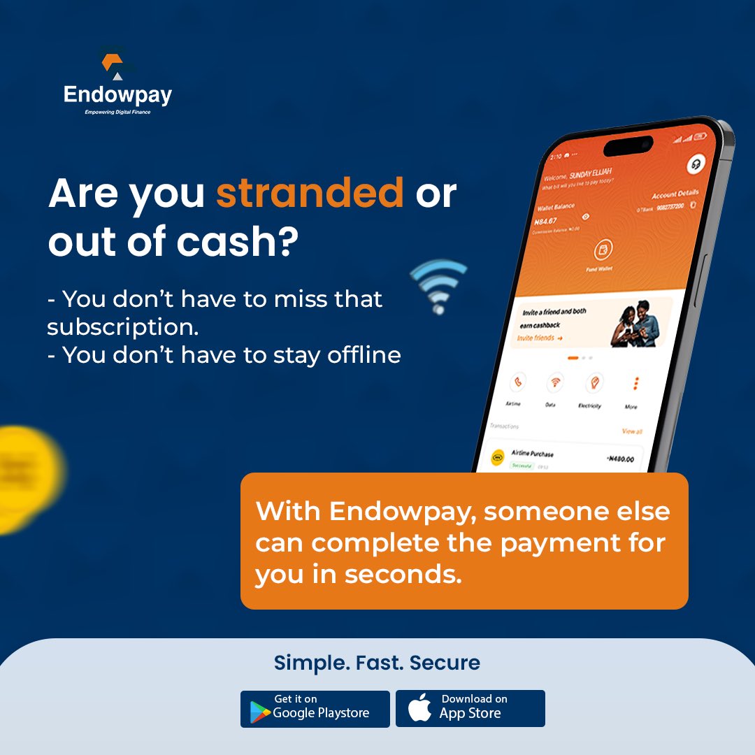 Are you stranded or just temporarily broke? 

No need to miss that subscription or stay offline.
Send the link. Let them handle it.

Simple. Fast. Secure.

#PayForMe #Endowpay #StayConnected  #FintechNigeria #EasyPayments #AskSharePaid