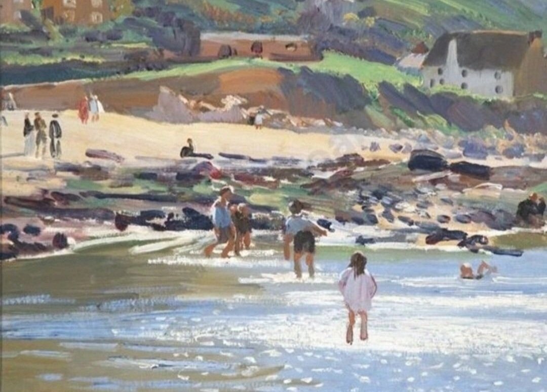 ahistoryinart's tweet photo. 'Bathers at Low Tide, Sennen,' is a triumphant example of Laura Knight's Cornish work. Drawn like many of their generation to the English coast, Harold and Laura Knight lived and worked in the Yorkshire town of Staithes in the late 19thC before discovering Cornwall. This is 1915. https://t.co/5wdvKtE7FX