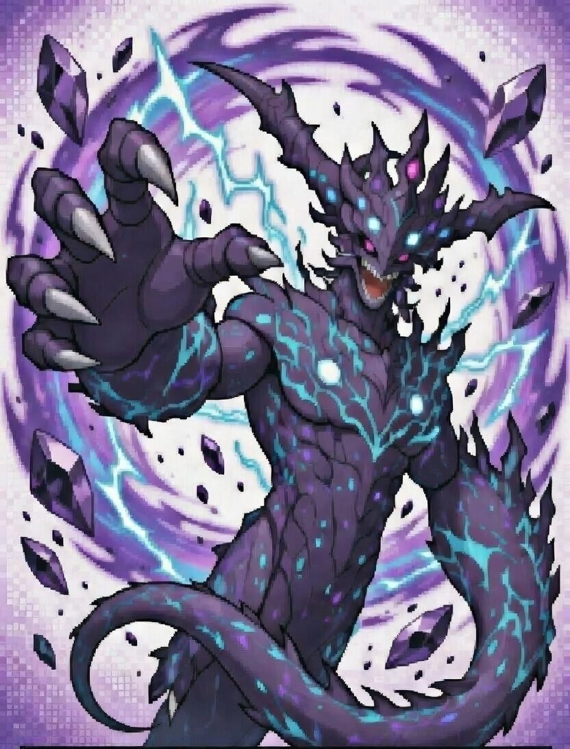0nichX's tweet photo. Behold Abyssalith! Shadow nightmare beast! Towering form of deep violet crystal, glowing pink eyes, cyan lightning veins, massive claws, and a roaring vortex of shattered gems.

Orbimon gonna take over soon!! 🦖
@OrbimonMasters https://t.co/28OeHcjuBL