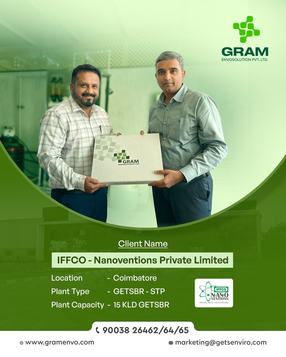 GramEnvo's tweet photo. Pleased to Announce the Successful Completion of a 15 KLD GETSBR STP for IFFCO – Nanoventions Private Limited at Coimbatore.Successfully Delivered with Quality and Regulatory Compliance.

#IFFCO #IFFCONanoventions #IndustrialProject #ProjectCompletion #GRAMEnvosolution https://t.co/ohkjHxfZi2