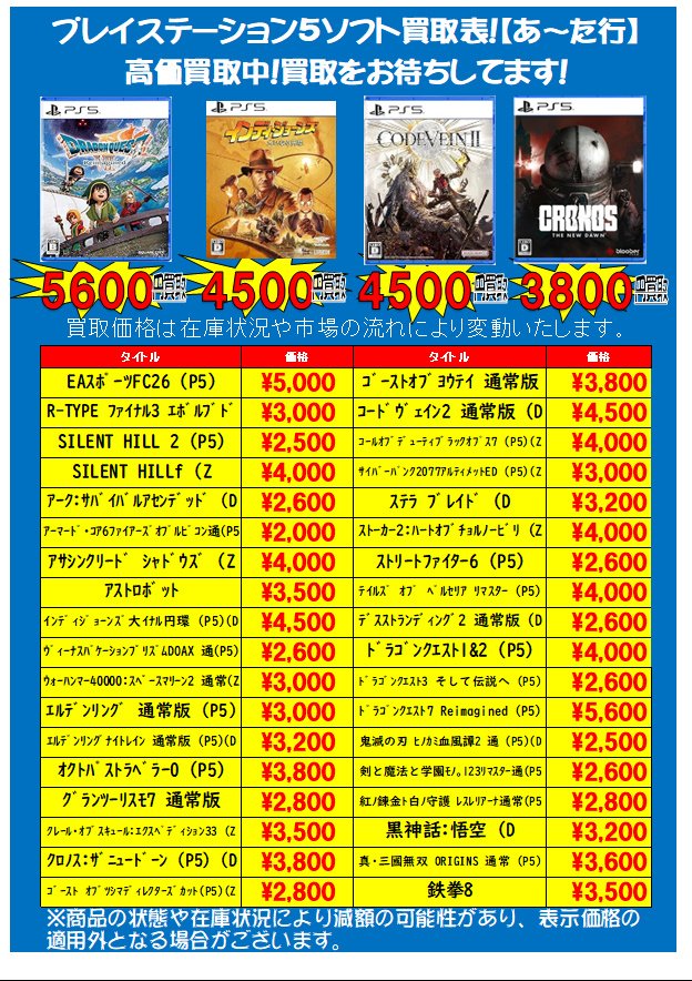 PS5・PS4ソフト買取表更新しました！ 仁王3 龍が如く極3/龍が如く3