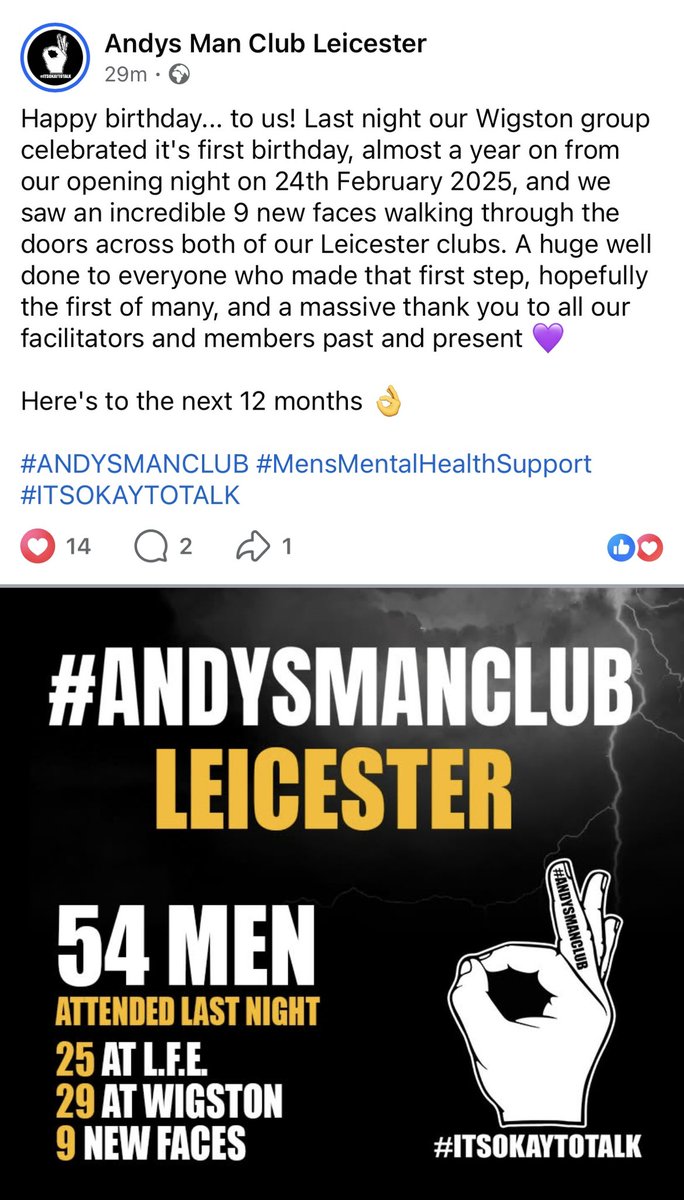 TrudiG's tweet photo. 🥳🥳🥳🥳
Happy 1st birthday to Andy’s Man Club Leicester.
Huge respect to all the facilitators.
#menmattertoo #savethemale #starttalking
💙🫶💙 https://t.co/87RQp1aNlg