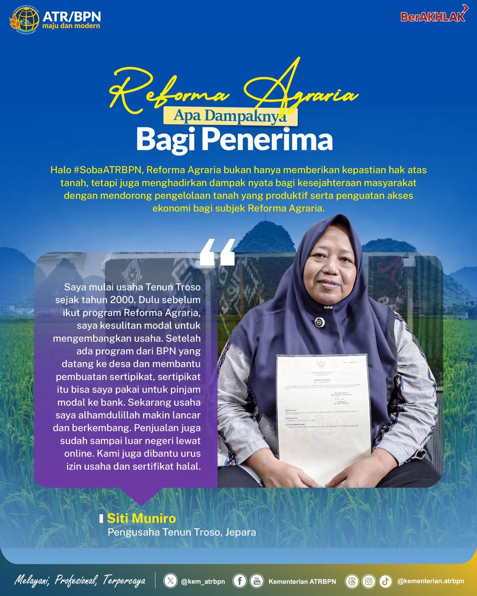 bpn_sumedang's tweet photo. Halo #SobATRBPN, reforma agraria menjadi salah satu program unggulan Kementerian ATR/BPN yang dampaknya dapat langsung dirasakan oleh masyarakat.

Apa sih dampak bagi Ibu Siti Muniro? Simak infografis berikut ya, Sob☝🏼

#IndonesiaLengkap
#ATRBPNKiniLebihBaik
#ATRBPNMajudanModern https://t.co/4IB9XpZtnI