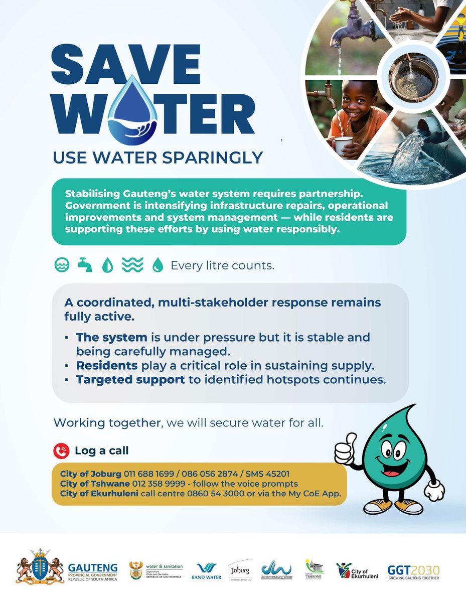 City_Ekurhuleni's tweet photo. βοΈ Report bursts and leaks immediately
If you notice water leaks, burst pipes, or supply issues, log a call with our Call Centre on 0860 54 3000.
Together, we can protect our water and secure a supply for all.
#SaveWater #UseWaterSparingly #WaterWise https://t.co/HydLav7001