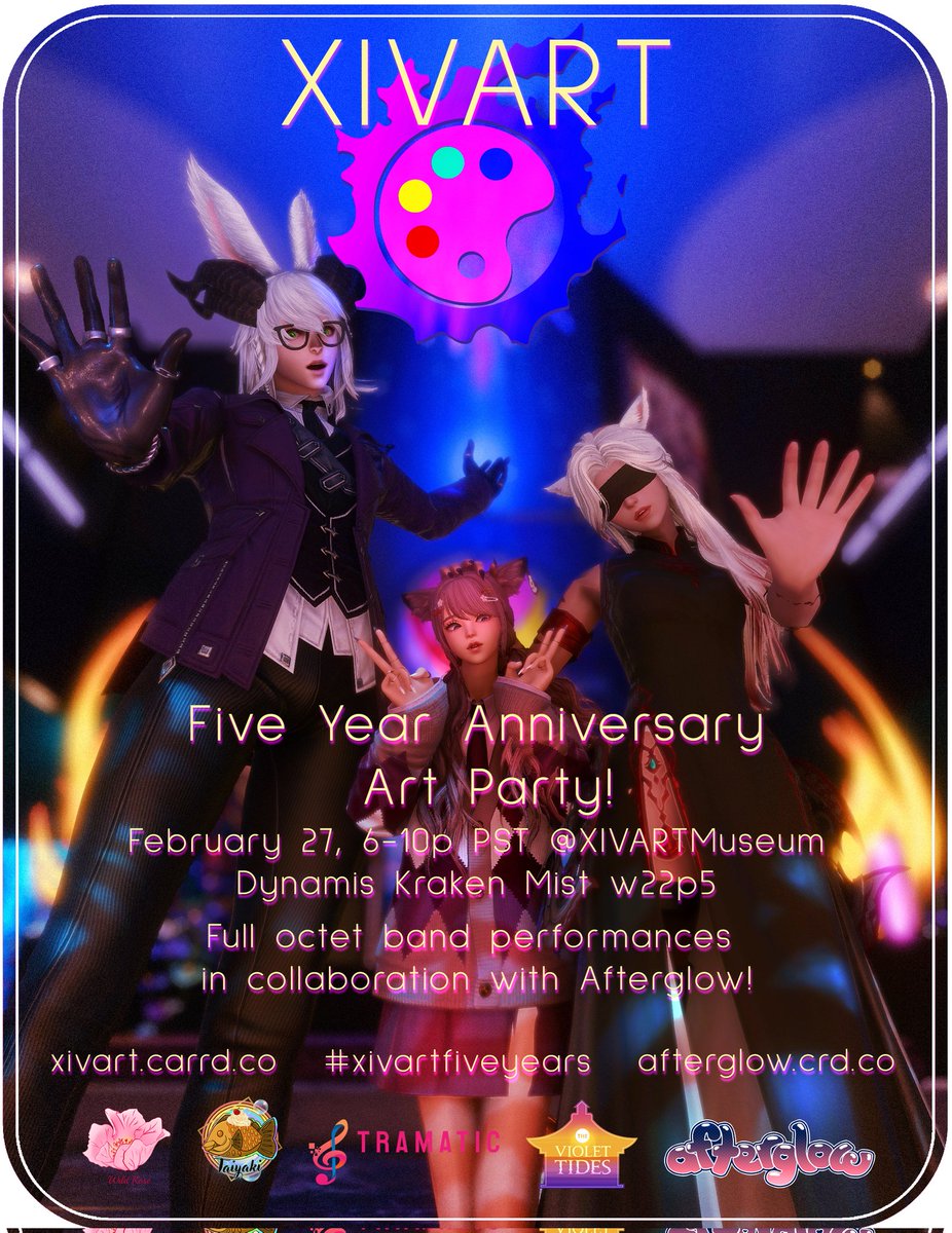 #XIVART 5 YEAR ANNIVERSARY ART PARTY

come hang out and vibe, draw or get drawn! 🎨

multiple octet band performances 
🎺  🥁 🎷 🎸 🎺 🎻 🪈 🪉

Feb 27th (Friday) 6-10p PST
Dynamis Kraken | Mist w22p5
hashtag: #xivartfiveyears
<a href="/partyingway/">partyingway</a>

discord.gg/cxPHHZ6Ja