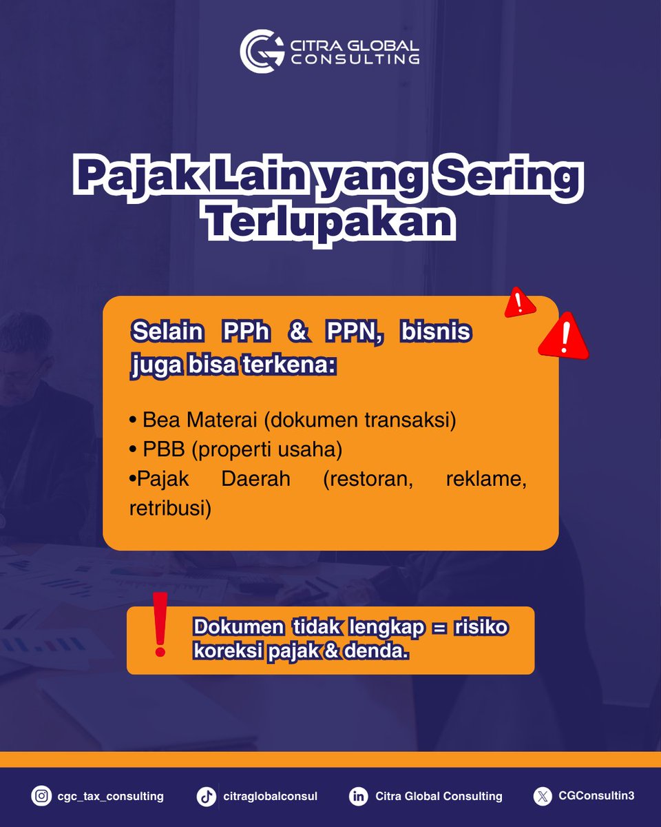 CGConsulting3's tweet photo. Pebisnis di Banjarmasin wajib paham PPh, PPN, dan pajak lainnya. Salah hitung bisa berujung denda &amp; pemeriksaan. 
Pastikan dokumen rapi dan kewajiban terpenuhi sejak awal.
#PajakBanjarmasin #KonsultanPajak #PPH #PPN #BisnisAman https://t.co/4WJT5qrmqc