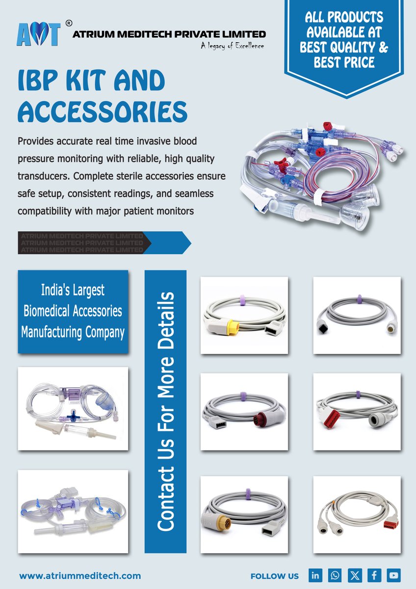 Atriummeditech's tweet photo. Follow Our whatsapp channel for more info
( https://t.co/z8oBvHC81t )
🩺🩺 Our product list , SPO2 Sensor, ECG/EKG Cable, NIBP Cuff, IBP Kit, Bipolar Forceps 🩺🩺
🫴🏻 Lots of offers going on, Contact Us for more info 🥳
📞📞 +91 95512 66676 / +91 95512 66505 🎁  
#MedicalEducation https://t.co/OVvGUq22Jj