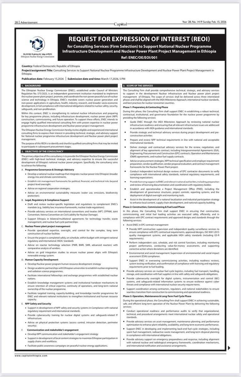 Request for Expression of Interest (REOI) Consulting Services (Firm Selection) Ref: ENEC/OE/EOI/001
The ENEC invites eligible and experienced international consulting firms to express their interest in providing high-level technical, strategic, and advisory services to support.