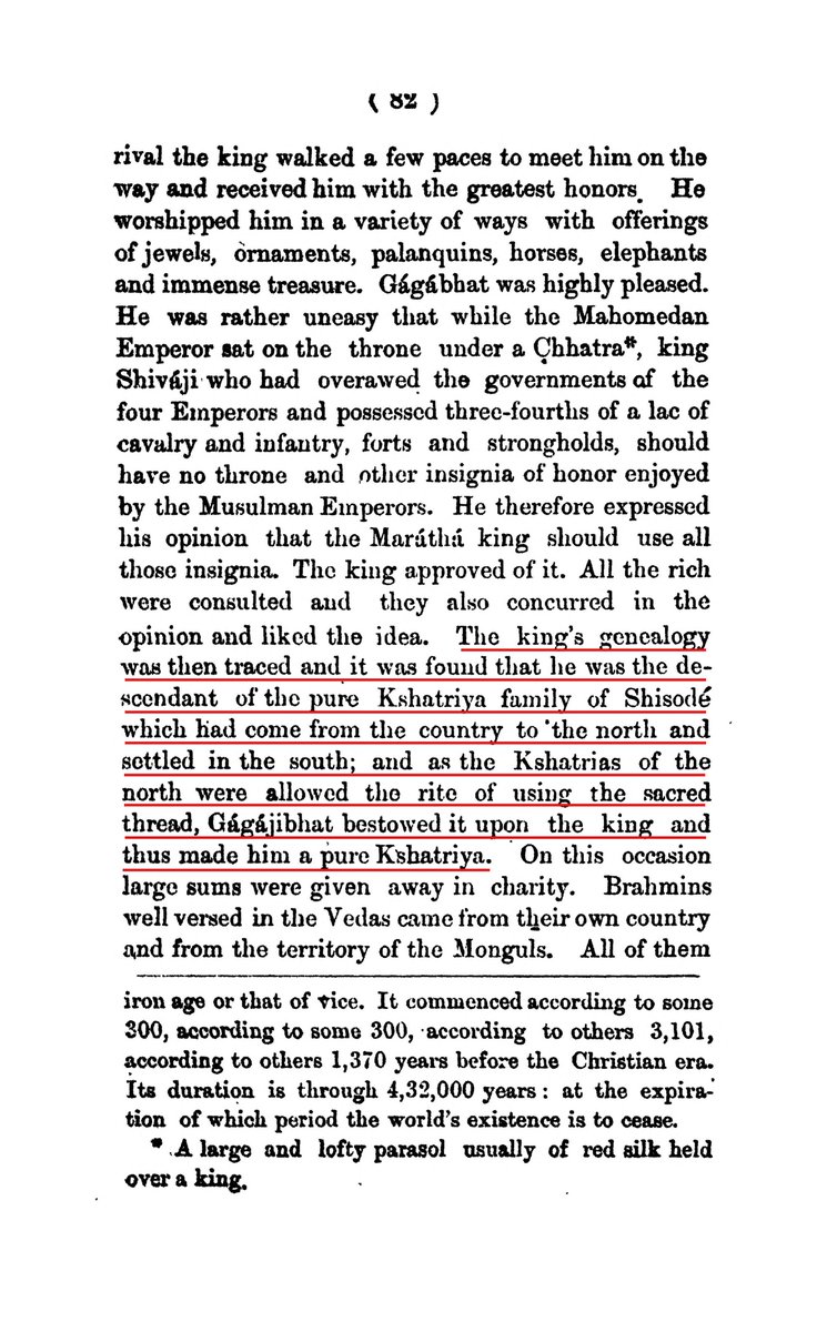 Syngh_Unleashed's tweet photo. 🔸 Laxman Jagannath Mankar — another Marathi historian who translated Sabhasad Bakhar to English — explicitly mentions how it was found out during the enquiry that Shivaji was descended from a family that had migrated from the North to Deccan and that this is how Gagabhatt was able to bestow the sacred thread upon Shivaji, as the Kshatriyas of North were allowed the rite of wearing it.

🔸 I love how Marathas try to openly deny facts by posting Marathi texts and rejecting the English translations as faulty. So apparently, every historian who was fluent in Marathi and translated Sabhasad to English — Jadunath Sarkar, Surendranath Sen & Laxman Jagannath Mankar — somehow ‘read it wrong’? Because they all translate this line to Shivaji being descended from a family WHICH HAD COME FROM THE NORTH TO DECCAN.

🔸 The word ‘Sisode’ used here in Sabhasad Bakhar is merely a Marathi equivalent of the name ‘Sisodiya’. This becomes clear when you read another line from the same text where Mirza Raja Jai Singh writes to Shivaji — calling him a Sisodiya Rajput and of the same stock (race) as himself. Marathas use such slight variations in nomenclature to play mental gymnastics, even though their royals never try to deny their Rajput ancestry.

🔸 Bhonsles have always been very clearly with the fact that they claim ancestry from Sisodiya Rajputs of Mewar, not any so-called ‘Sisode Maratha’ clan of Deccan. Pratap Singh Bhonsle — the Chhatrapati of Satara (Shivaji’s direct descendant) literally sent emissaries to the Maharana of Udaipur for collecting evidences of his Sisodiya Rajput origin when Kavir Muth refused to acknowledge his Kshatriya pedigree.

🔸 Shahji Bhonsle — Shivaji’s father — literally brags about being a Rajput in his letter to Sultan Ali Adil Shah (dated 6th July, 1657) and another contemporary English factory letter (dated 9th December 1669) addresses Shivaji as “𝙖 𝙜𝙧𝙚𝙖𝙩 𝙍𝙖𝙟𝙥𝙪𝙩” too. The Ghorpades of Mudhol (senior branch of Bhonsles)  even preserved/forged 𝙛𝙖𝙧𝙢𝙖𝙣𝙨 issued by the Deccani Sultans to prove their descent from the Maharanas of Udaipur. 

I already discussed all of this in the previous tweet as well but, being the Marathi revisionist he is, @keshavadevarao conveniently sidelined all these points. I challenge him to show me a single evidence of Bhonsles claiming ancestry from any so-called ‘Sisode Maratha’ clan of Deccan instead of the Sisodiya Rajputs of Mewar.

👉  https://t.co/Yyg7mLjlOC

👉  https://t.co/FXJnr34inN

👉  https://t.co/1Qa3qISyW6
