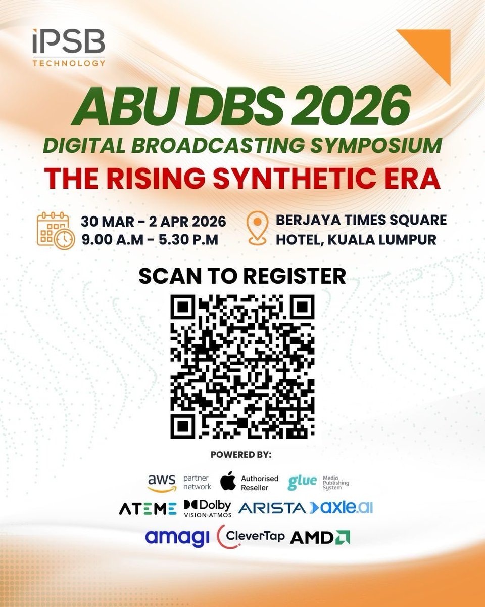 IPSBTechnology's tweet photo. IPSB Technology welcomes you to Digital Broadcasting Symposium 2026 “The Rising Synthetic Era.”
Scan the QR code or register here https://t.co/MWnE5MQqyw
#ABUDBS2026 #IPSBTechnology #AI #Broadcast https://t.co/BKnsHeklfj