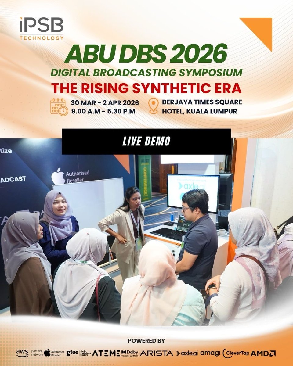 IPSBTechnology's tweet photo. IPSB Technology welcomes you to Digital Broadcasting Symposium 2026 “The Rising Synthetic Era.”
Scan the QR code or register here https://t.co/MWnE5MQqyw
#ABUDBS2026 #IPSBTechnology #AI #Broadcast https://t.co/BKnsHeklfj