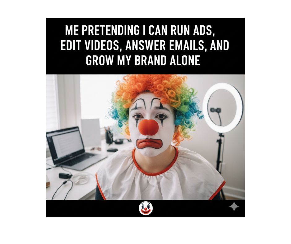 the_remote_ally's tweet photo. Me pretending I can run ads, edit videos, answer emails, AND grow my brand alone 🤡 Solopreneur Life Don’t struggle alone — message me. #Solopreneur #EntrepreneurHumor #VirtualAssistantLife https://t.co/GHhqryNVcr