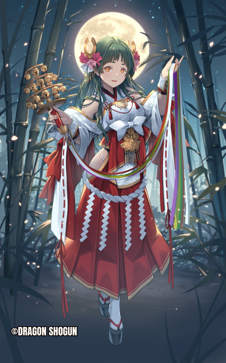 Moon Priestess, Taketori Kaguraya
#DRAGONSHOGUN World &amp; Art <a href="/ayladesu/">I☆LA</a>
With emerald hair and golden eyes,
Taketori Kaguraya descends to the earth as a shrine maiden of the Lunar People, a divine child.
Behind her gentle smile rests the sealed memory of a dragon.

“The moon speaks