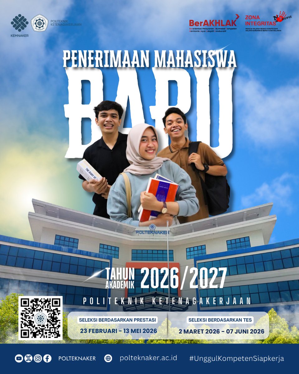 Politeknik Ketenagakerjaan resmi membuka Pendaftaran Mahasiswa Baru (PMB) Tahun Akademik 2026/2027! 🚀

Buat kamu yang ingin kuliah vokasi dengan fokus pada dunia kerja, hubungan industrial, dan K3 — inilah kesempatan emas untuk jadi bagian dari kampus di bawah naungan