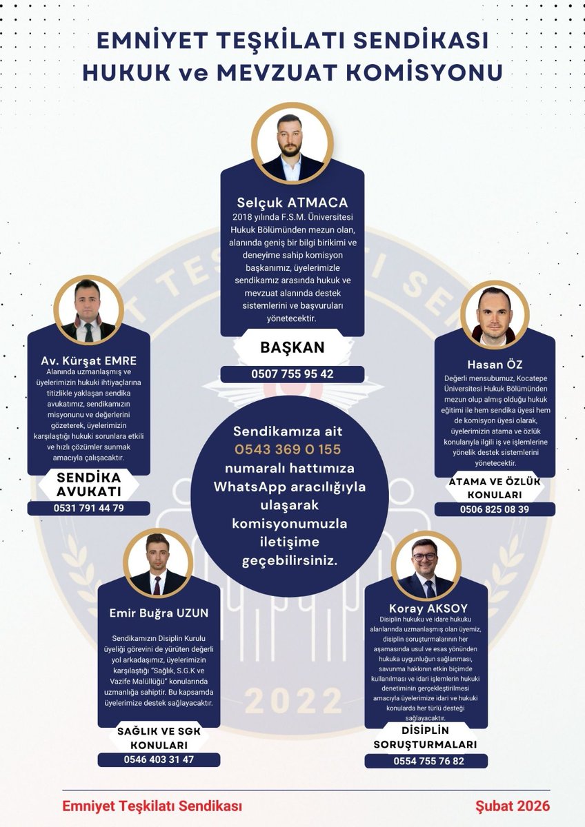 Emniyet Teşkilatı Sendikası olarak, artan üye sayımıza daha güçlü bir şekilde hizmet verebilmek için Hukuk ve Mevzuat Komisyonumuz görevine başlamıştır.

Komisyonumuz, üyelerimizin ve teşkilat mensuplarımızın yaşadığı her türlü sorunda ve hayatlarının her alanındaki hukuki