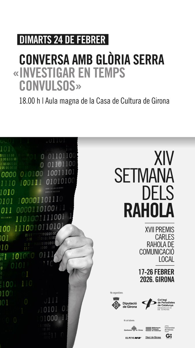 Avui dimarts a kes sis de la tarda a la Casa de Cultura de Girona, Glòria Serra conversa amb Xavier Pi a la Setmana dels Rahola. Hi esteu tots convidats.