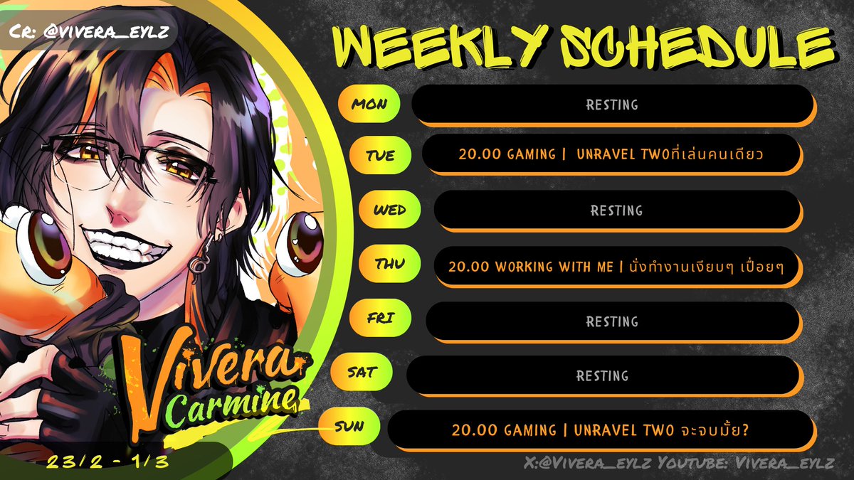 Vivera_eylz's tweet photo. 【Vivera's Weekly Schedule】
23 February - 1 March, 2026
𒀭Hashtag𒀭
▶︎Live: #VVRCLive
▶︎Fan art : #VVRCArt
▶︎Sing: #ตู้เพลงของววร
▶︎Fan tag: #เหล่างุ้งซุบซิบ https://t.co/A6a5MrvcGU