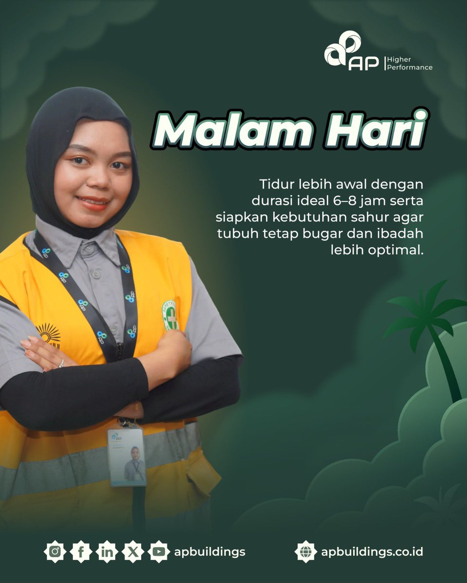 apbuildings's tweet image. Kunci utamanya adalah konsisten menjaga pola hidup sehat, mulai dari asupan nutrisi, kecukupan cairan, hingga istirahat yang cukup.

Yuk terapkan tips sederhana ini agar ibadah tetap lancar dan aktivitas tetap optimal selama Ramadhan.

#APBuildings #HigherPerformance #Ramadhan