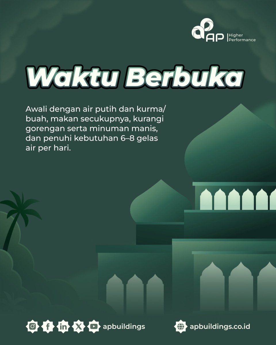 apbuildings's tweet image. Kunci utamanya adalah konsisten menjaga pola hidup sehat, mulai dari asupan nutrisi, kecukupan cairan, hingga istirahat yang cukup.

Yuk terapkan tips sederhana ini agar ibadah tetap lancar dan aktivitas tetap optimal selama Ramadhan.

#APBuildings #HigherPerformance #Ramadhan
