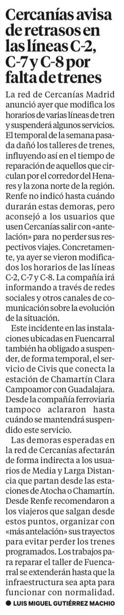 🔵 La red de Cercanías Madrid, anunció ayer que modifica los horarios de varias líneas y suspenderá algunos servicios.

En definitiva, 
retrasos en las líneas C-2, C-7 y C-8. 😡